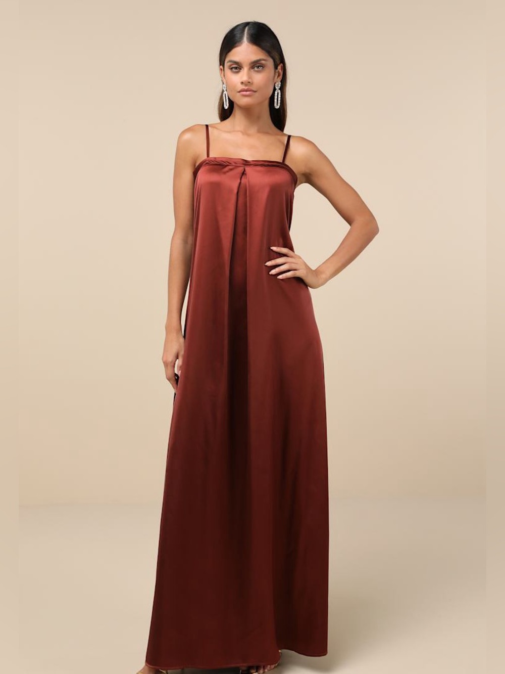 NWT Lulus Modern Poise Rust Red Satin Pleated Sleeveless Maxi Dress